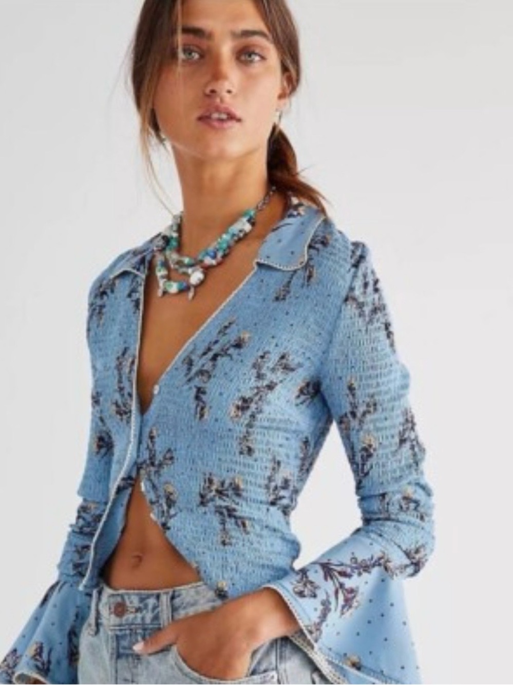 Free People Amelia Printed Light Blue Floral Smocked Button-Up Blouse